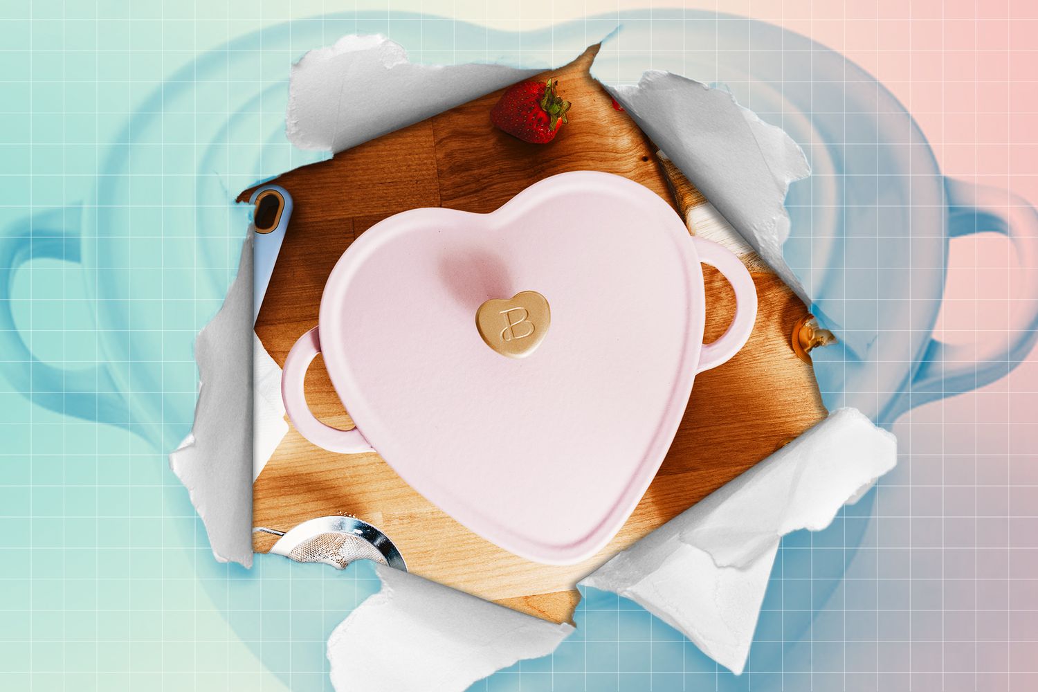 Drew Barrymore's Beautiful heart shaped dutch oven in a cut out
