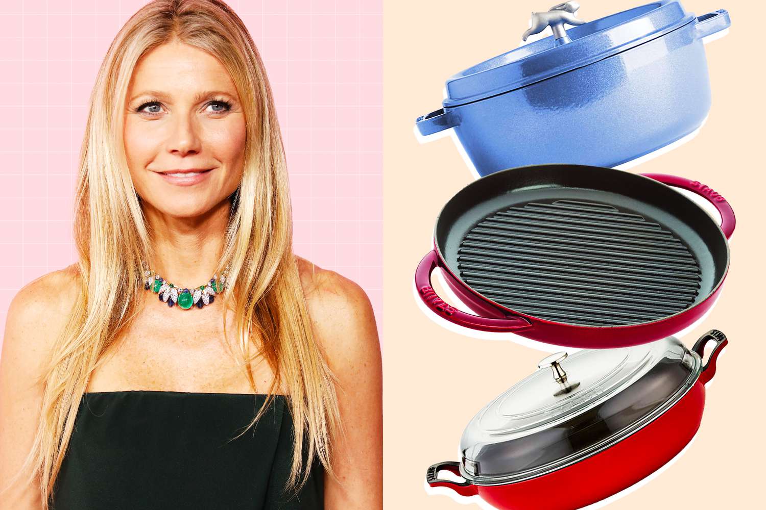 Gwyneth Paltrow next to 3 cookware items