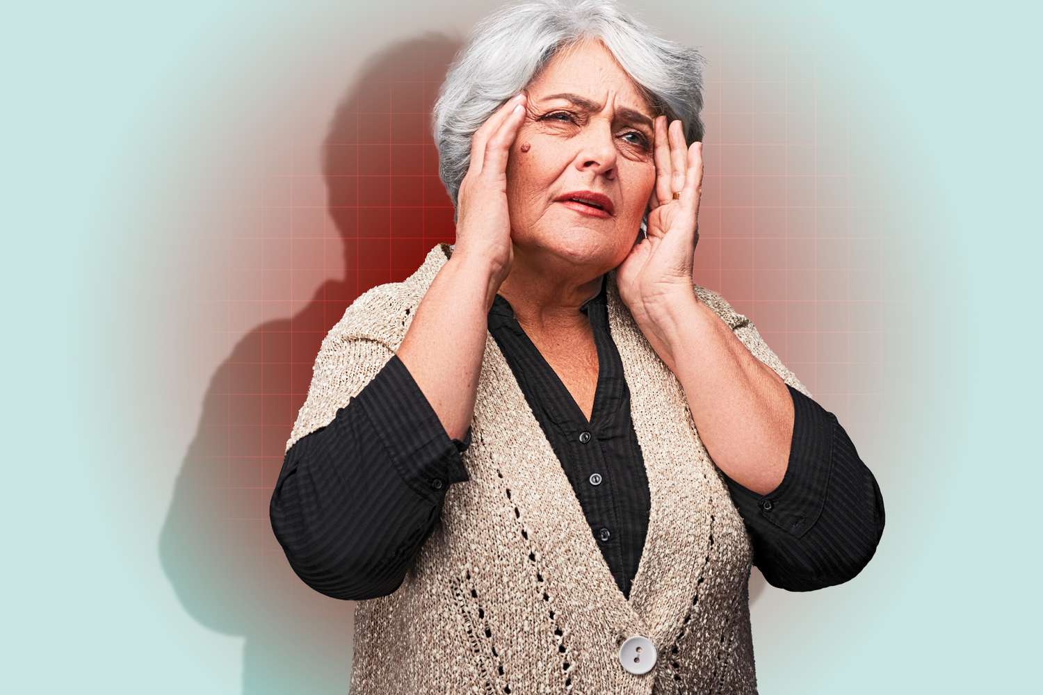 An older woman with a headache on a designed background