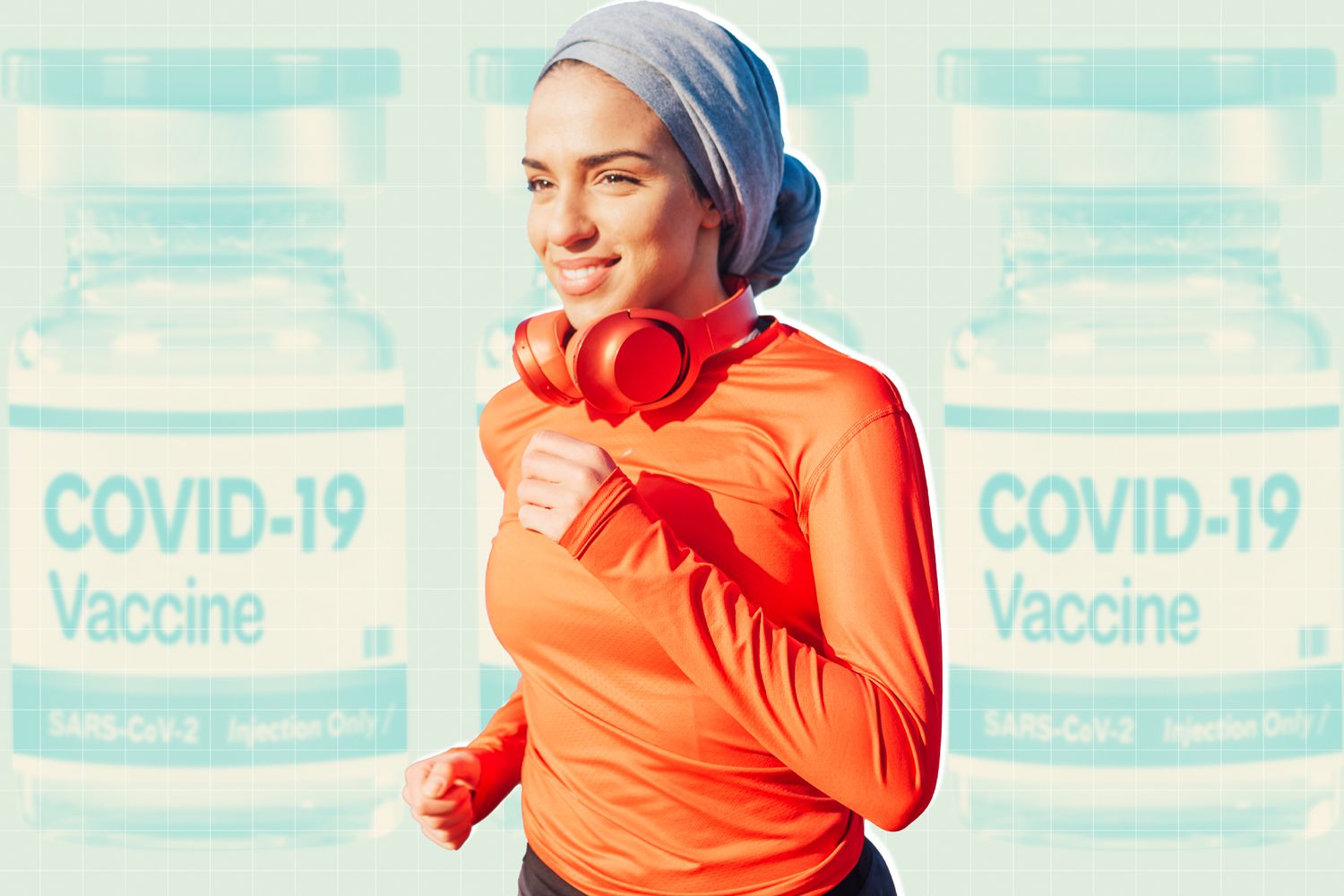 A woman running with 3 covid vaccine bottles in the background