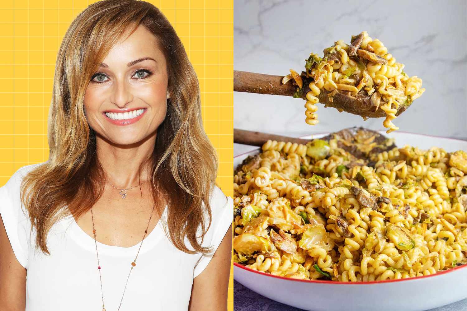 Giada De Laurentiis on a designed background next to Brussels Sprouts and Mushroom Pasta