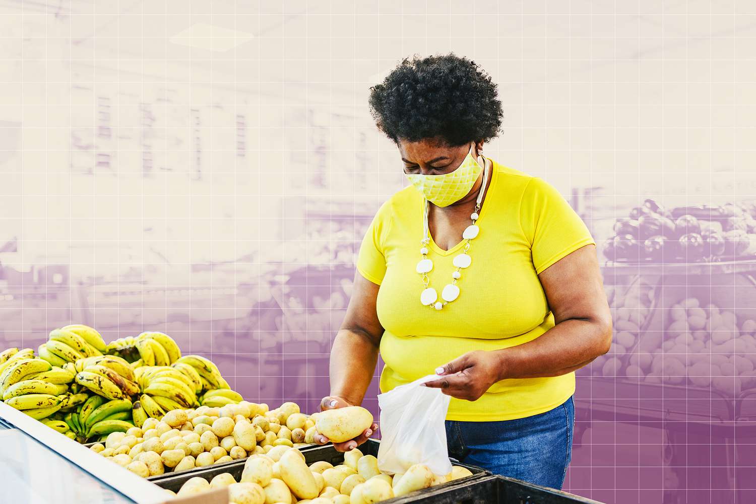 Woman choosing vegetables at the supermarket with face mask