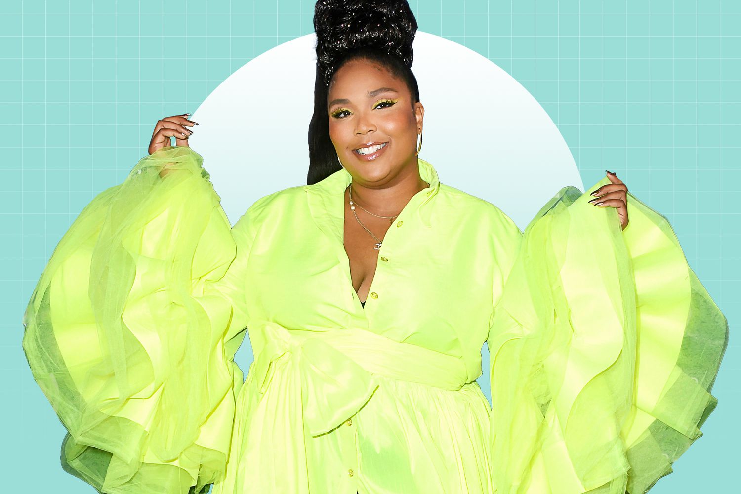 Lizzo on a designed background