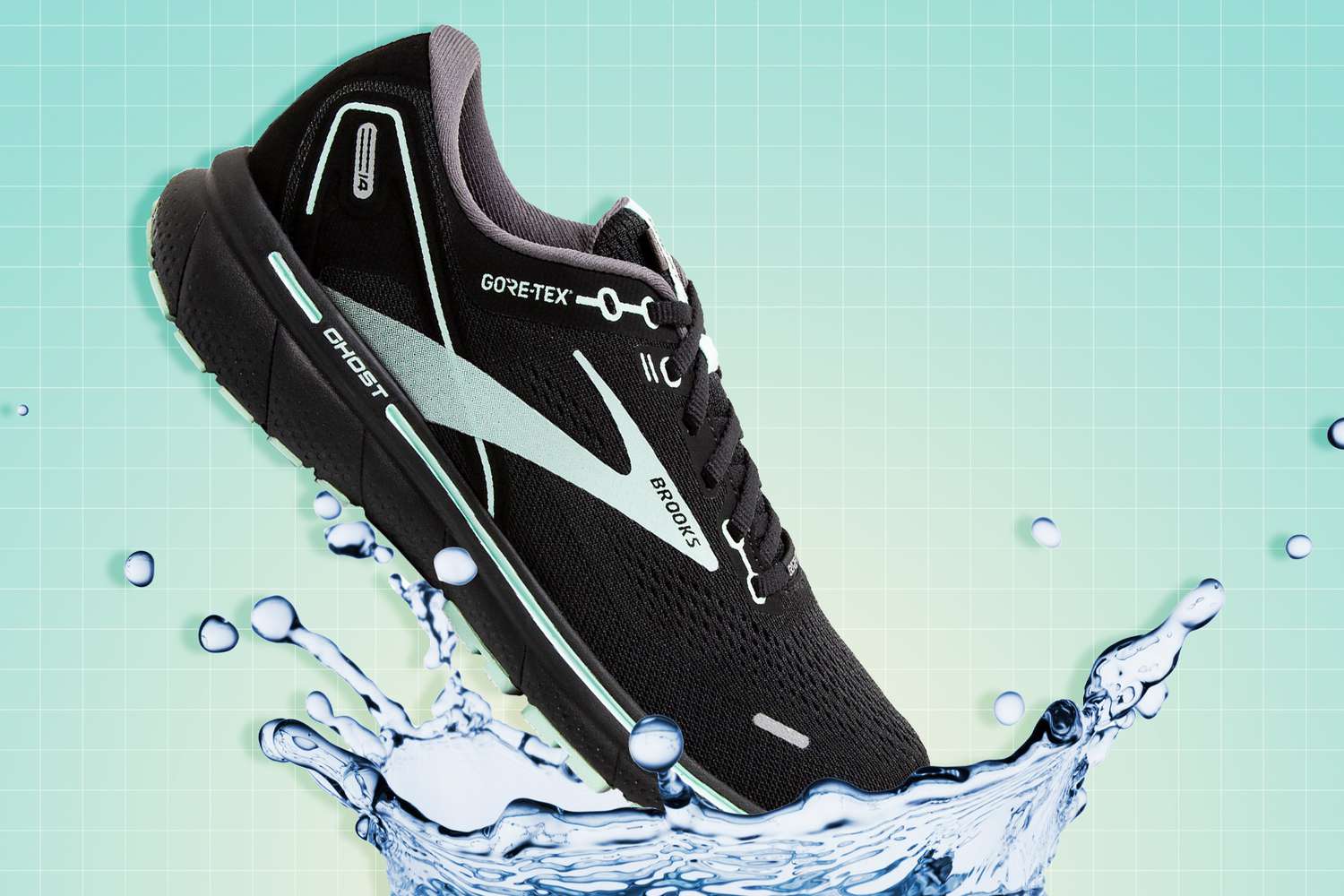 Brooks Ghost 14 GTX Road-Running Shoes - Women's stepping into a puddle causing a splash