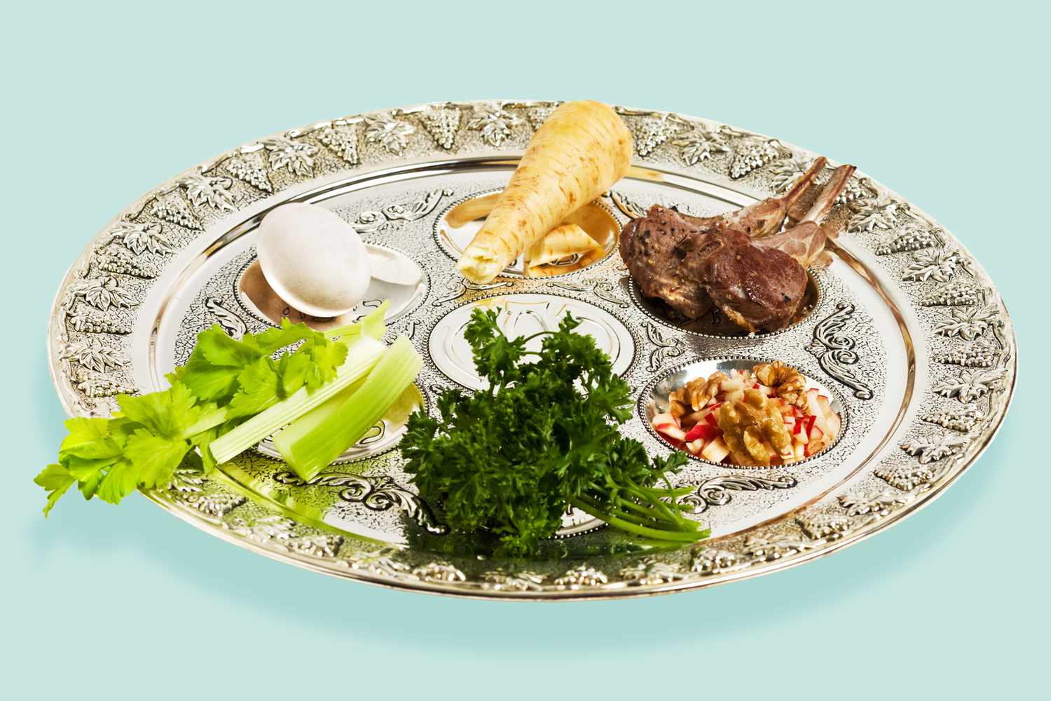 Passover Sader plate on a blue background