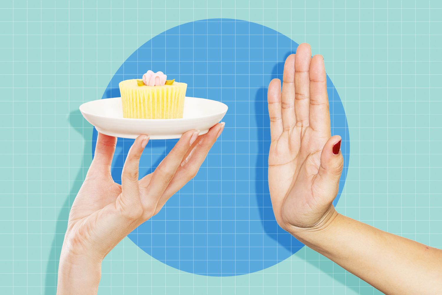 a hand holding a plate with a cup cake with another hand refusing it