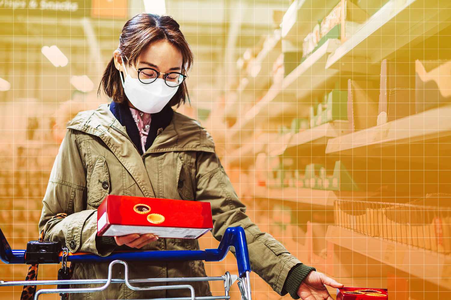 woman in protective face mask shopping in supermarket