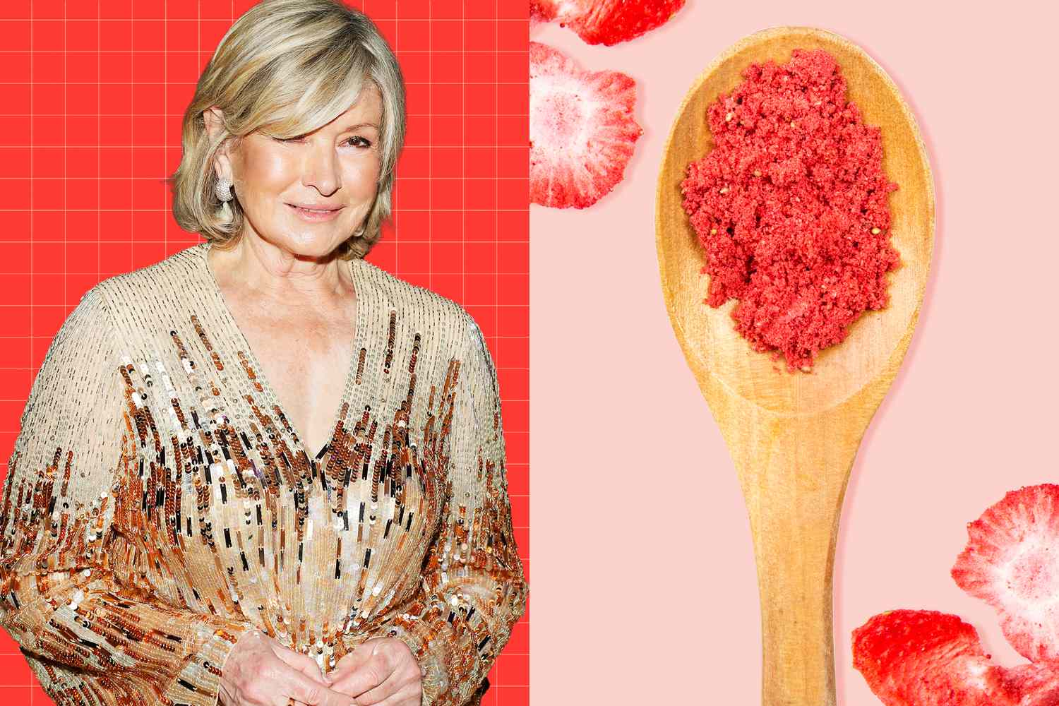 Martha Stewart on a designed background next to freeze dried fruit