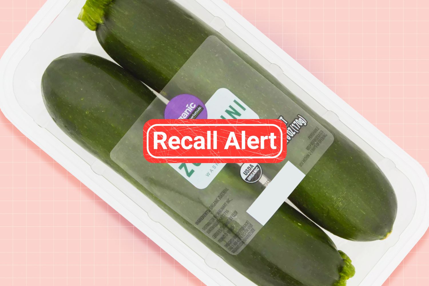 recall alert button overlaid on World Variety Produce organic zucchini