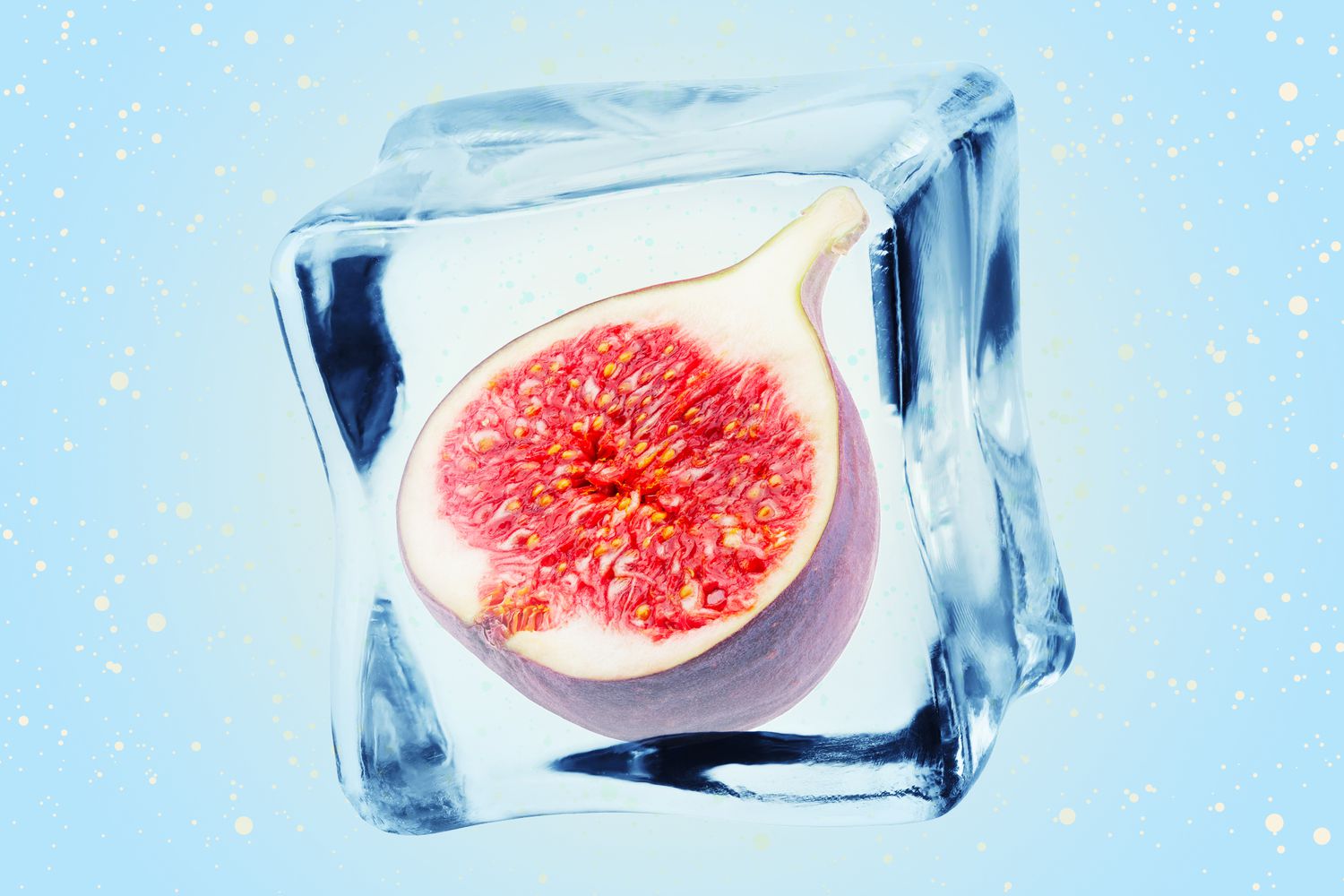An icecube with a fig inside on a designed background