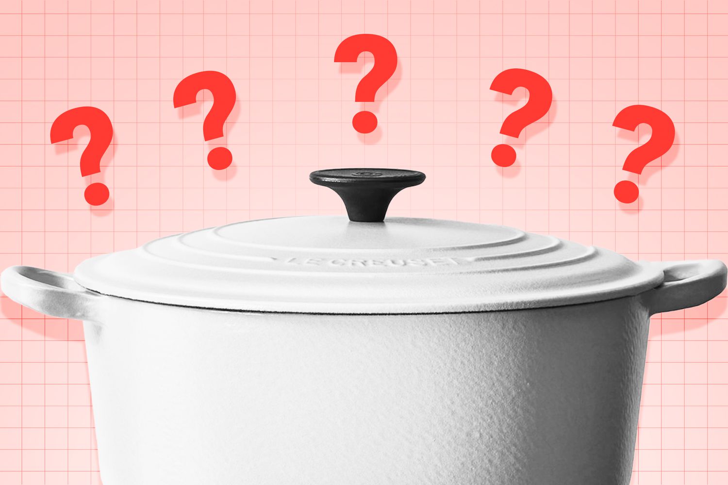 a le Creuset pot in black and white on a designed background with question marks on top