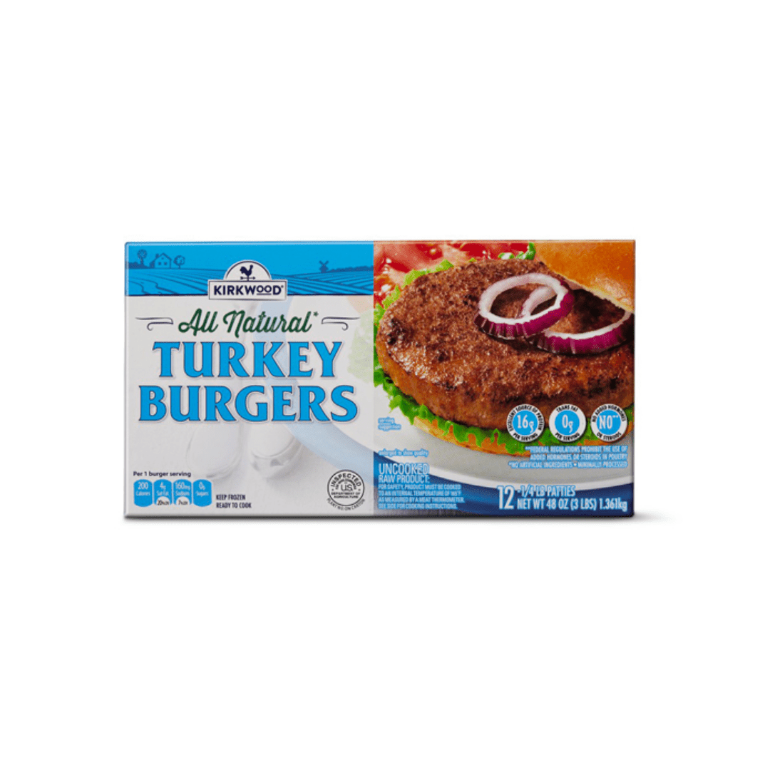 blue box of kirkwood turkey burgers
