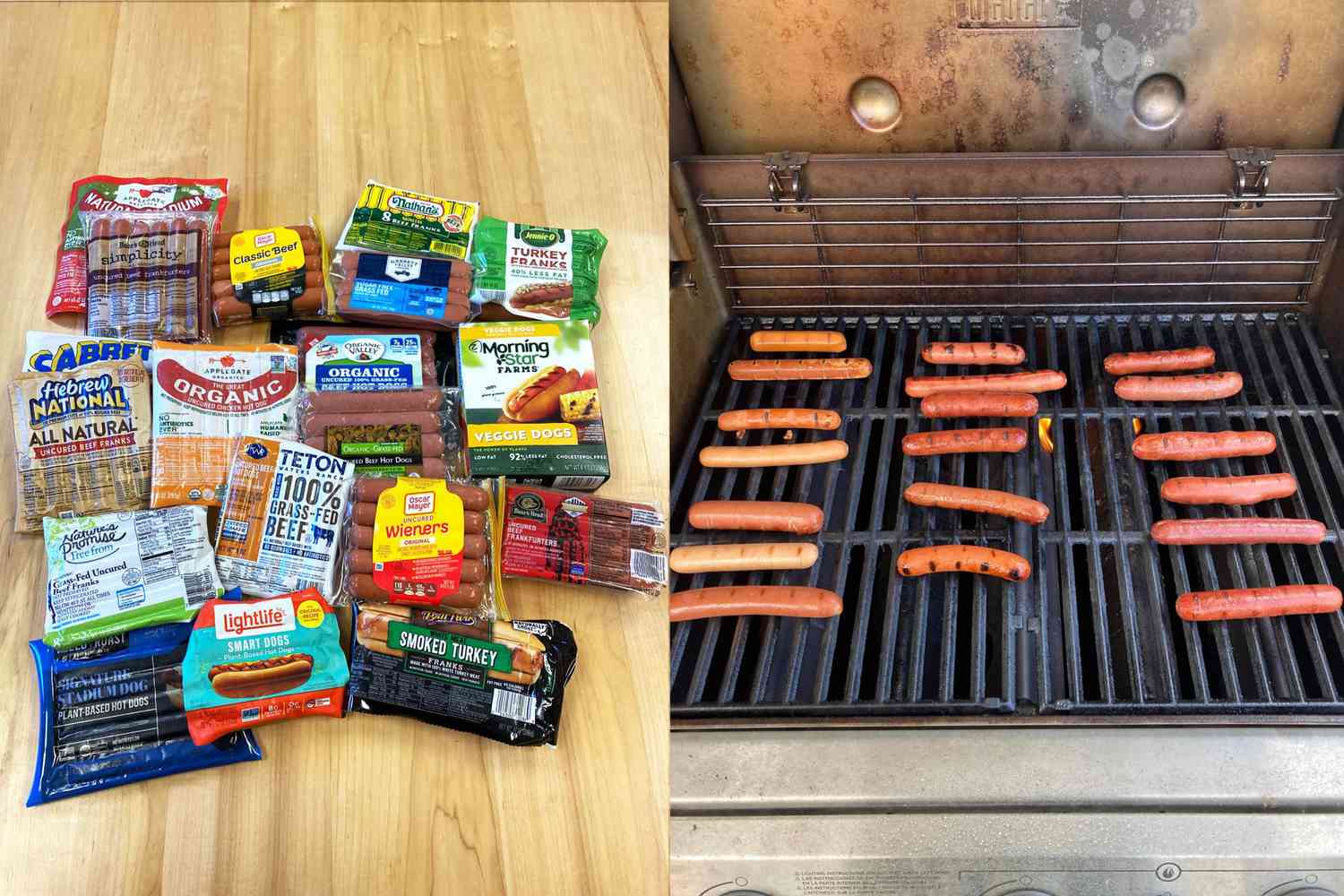 hot dog packages and hot dogs on grill