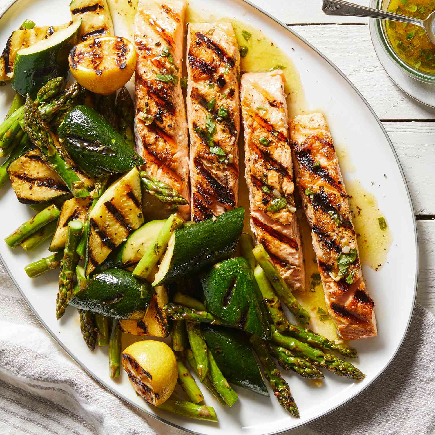 Grilled Salmon & Vegetables with Charred Lemon-Garlic Vinaigrette 