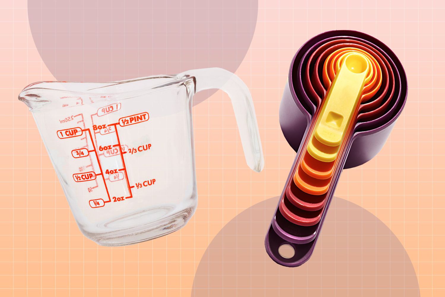 liquid measuring cup beside solid measuring cups