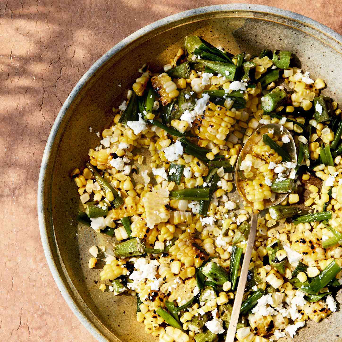 Blistered Corn Salad with Charred Scallions, Okra & Feta 