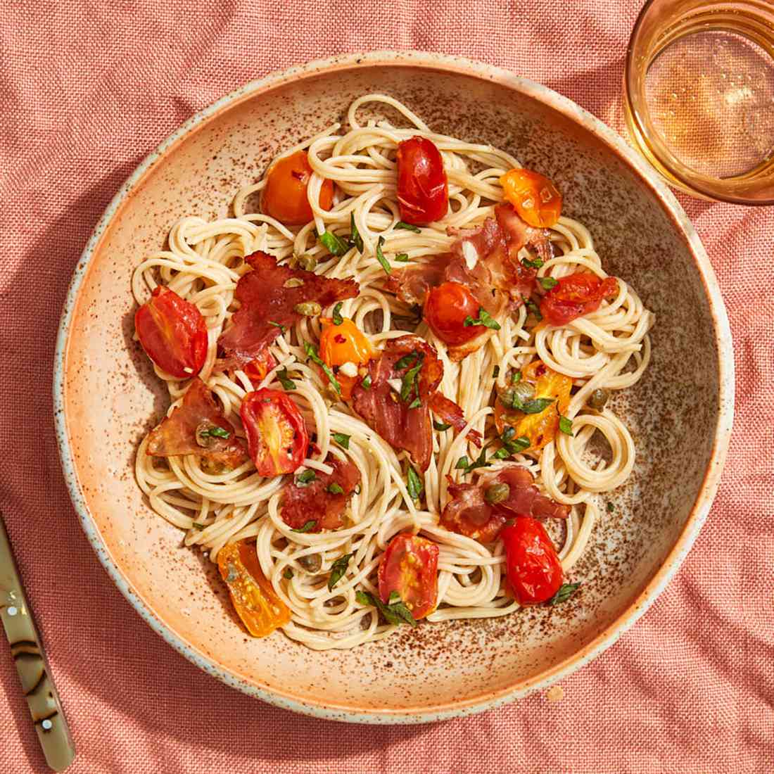 Capellini with Crispy Prosciutto Blistered Tomatoes
