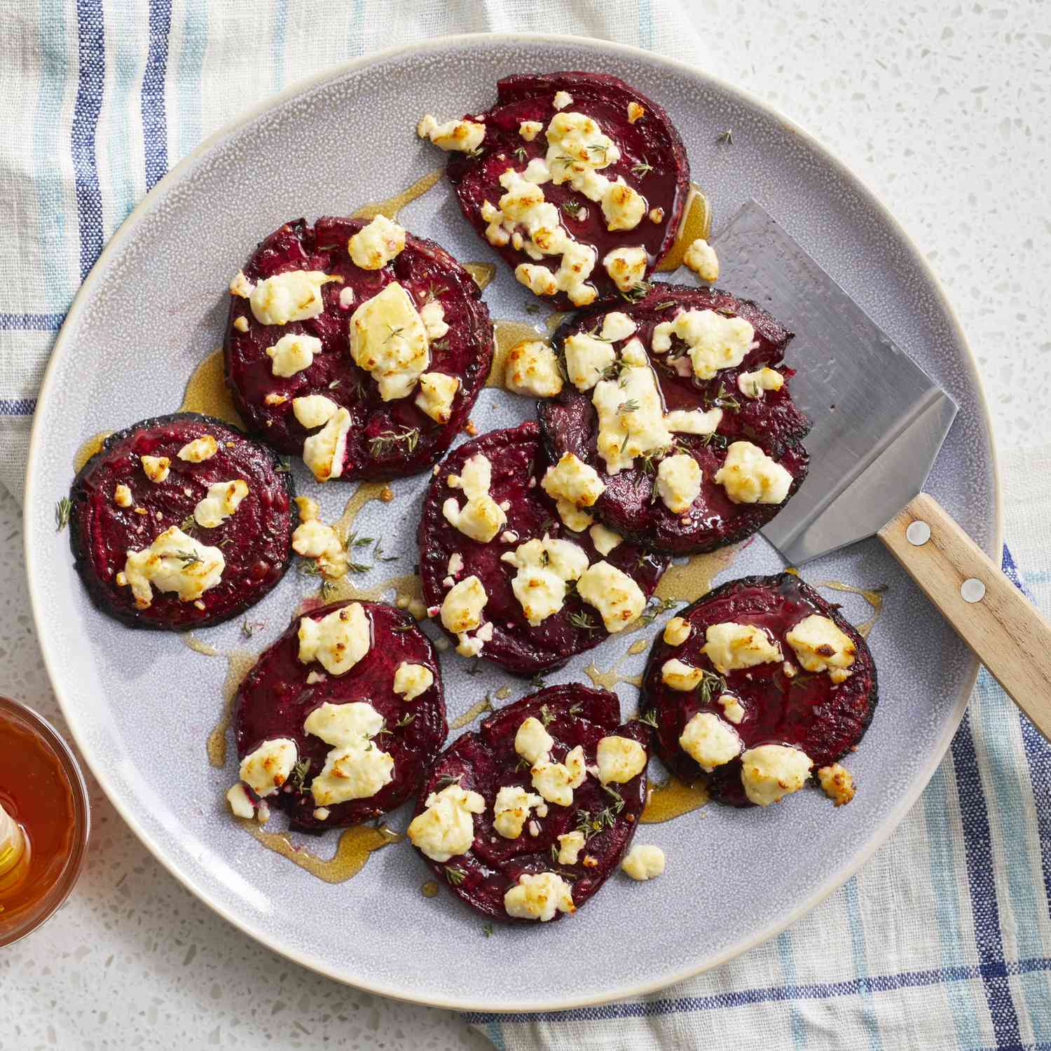Smashed Beets with Goat Cheese and Hot Honey