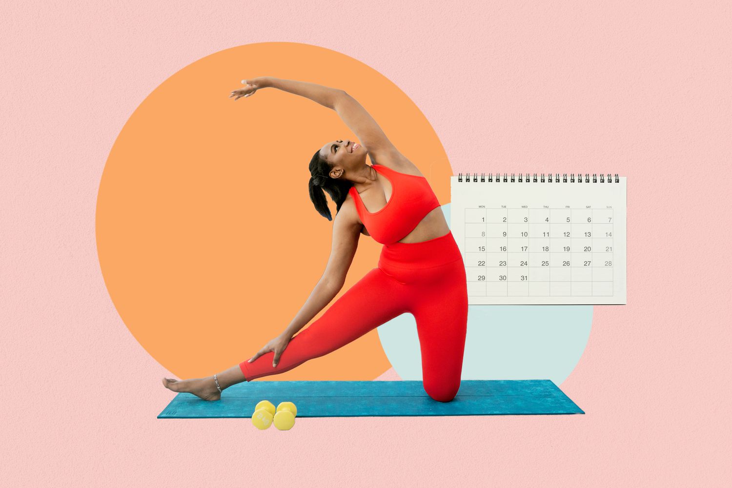 a woman exercising with a calendar beside her