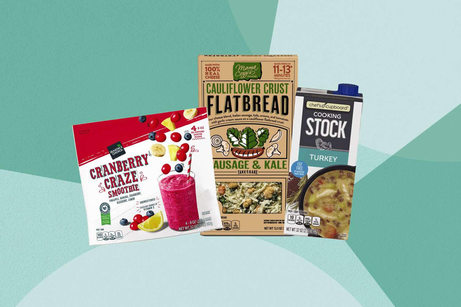 some healthy foods coming to Aldi in November 2022 including the Cranberry Craze frozen smoothie mix, the Sausage & Kale Cauliflower Crust Flatbread Pizza, and turkey Cooking Stock