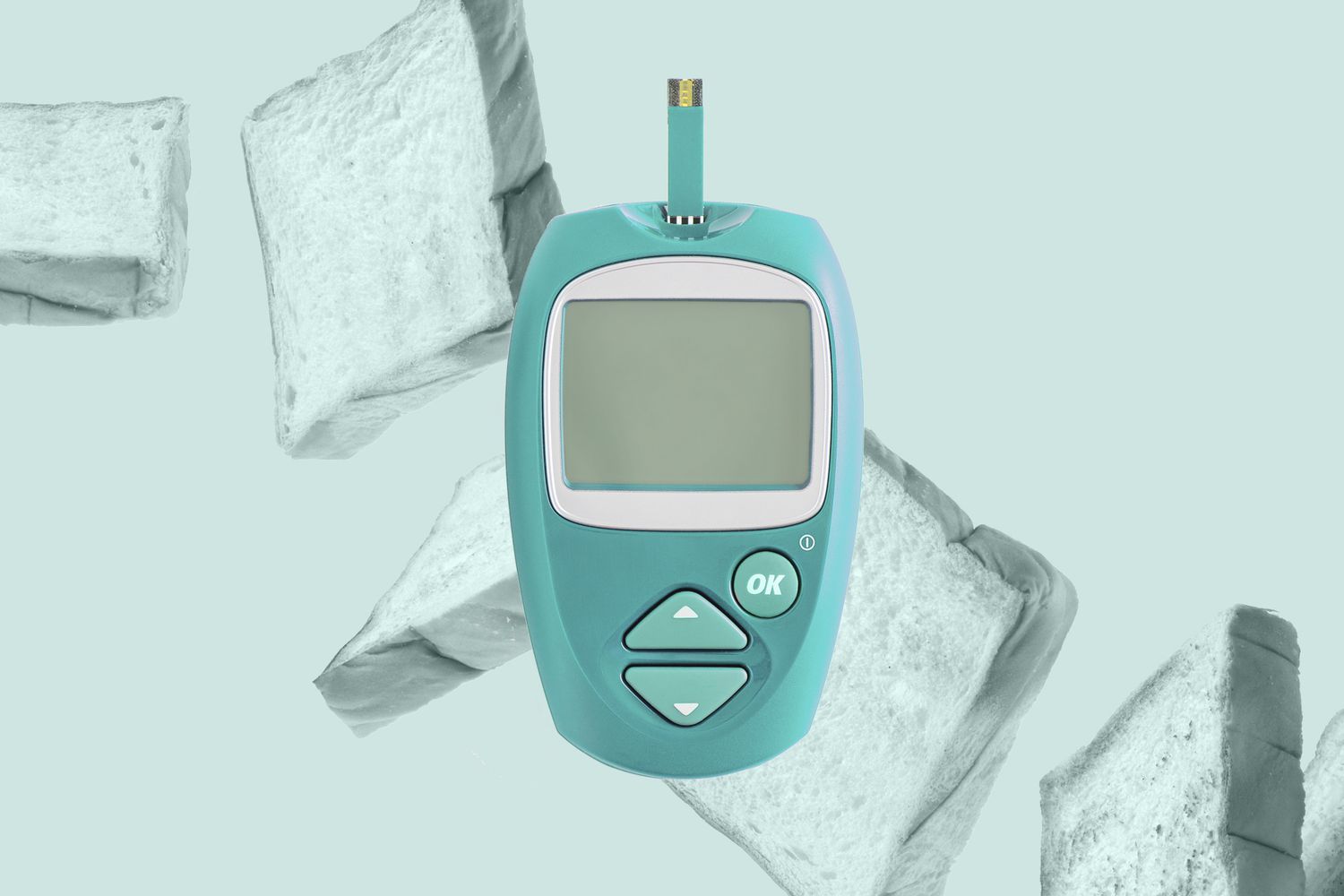 a collage of white bread in the background with a glucosemeter in front