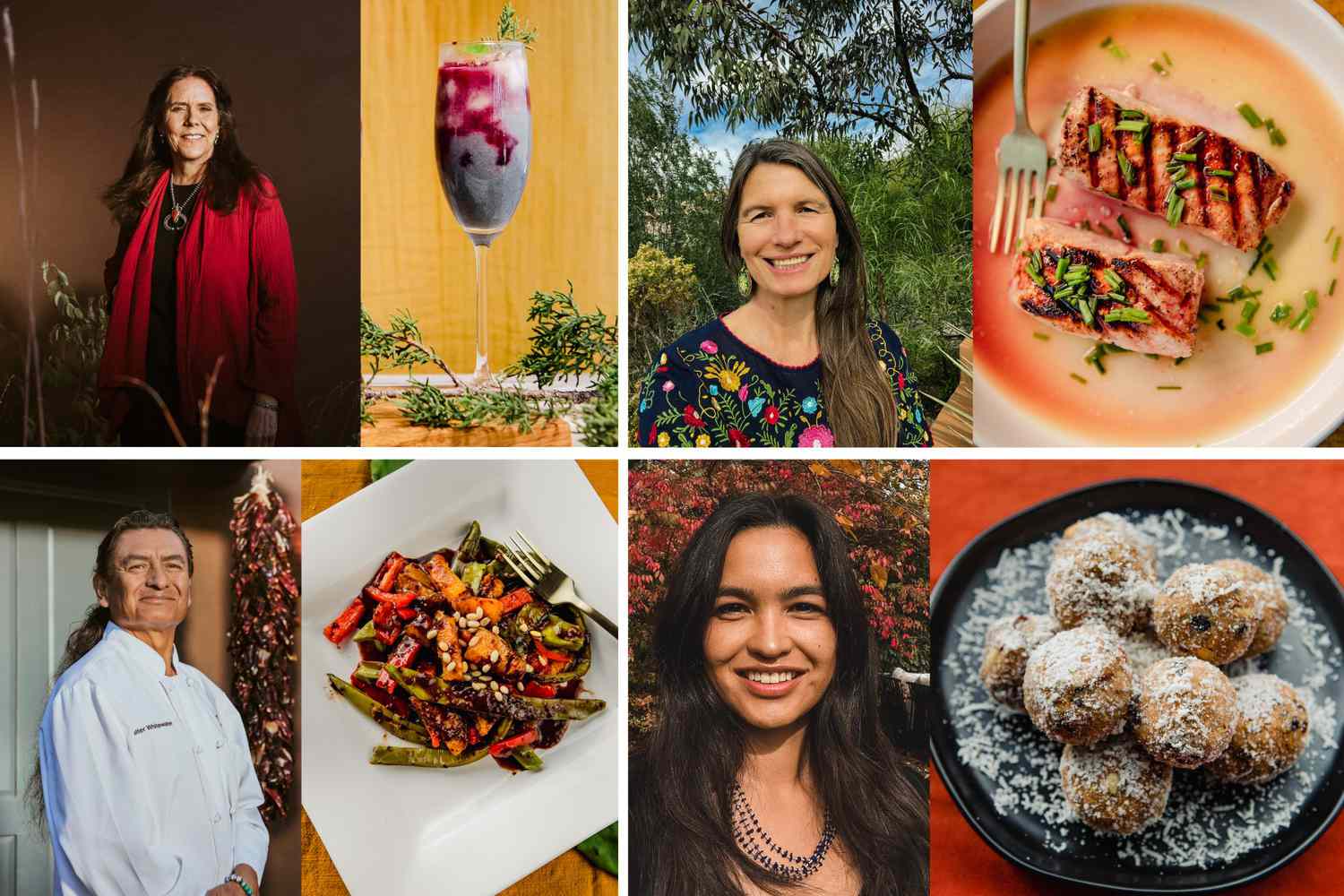 a collage featuring the chefs, authors, and activists and recipe photos from EatingWell's Native American Heritage Month spotlight