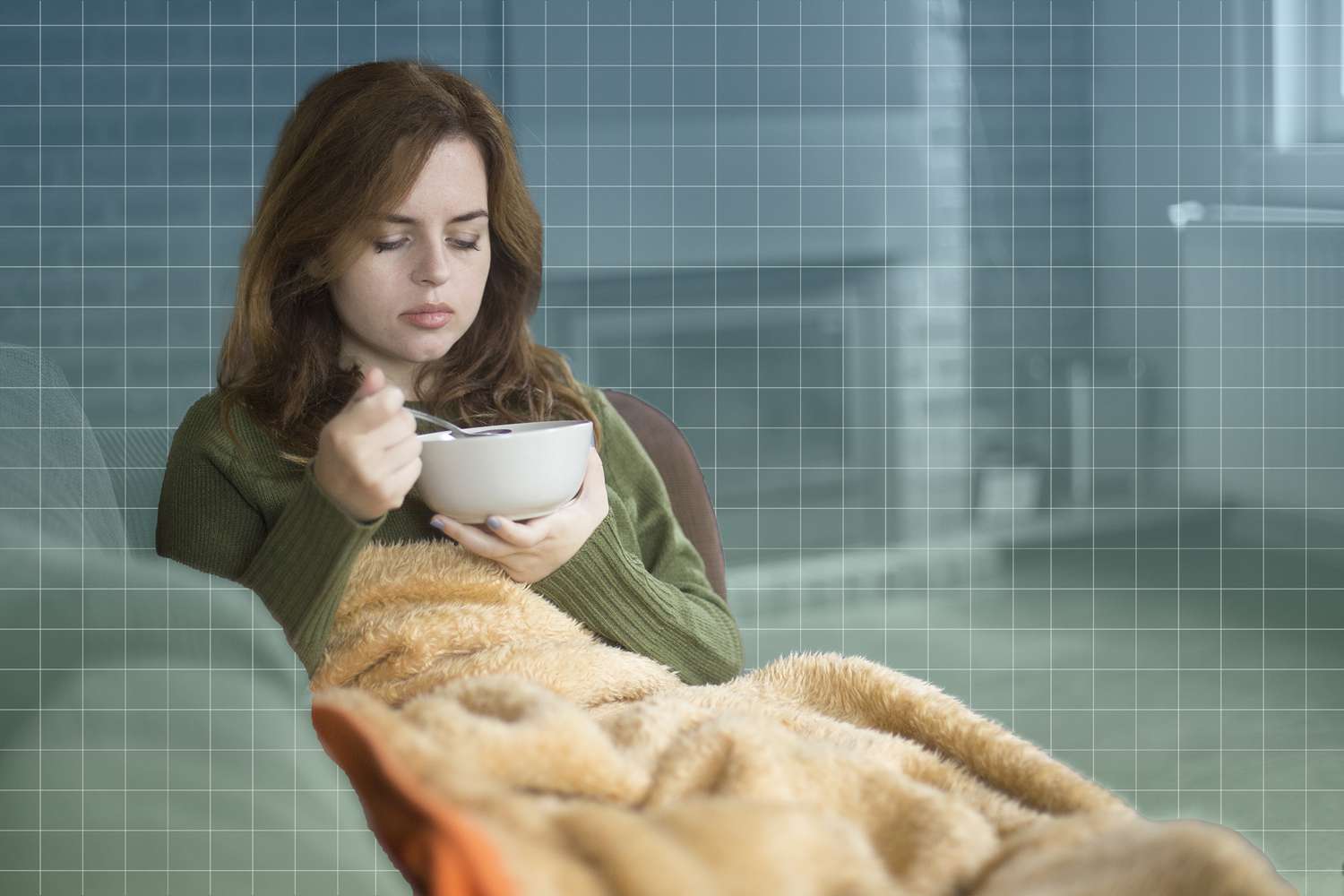 a sick woman in bed with a blanket eating a bowl of soup