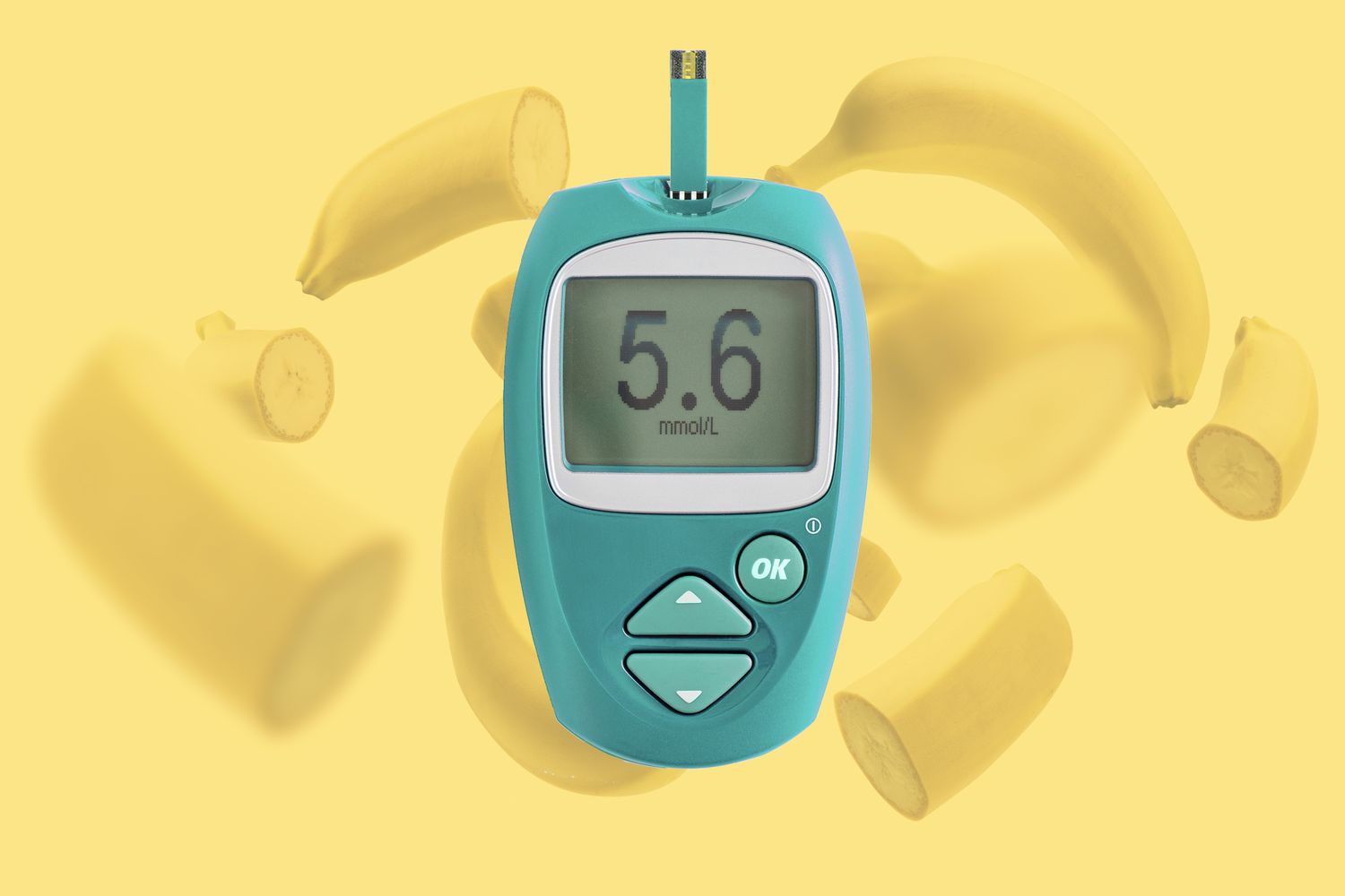 a collage of banana in the background with a glucose meter