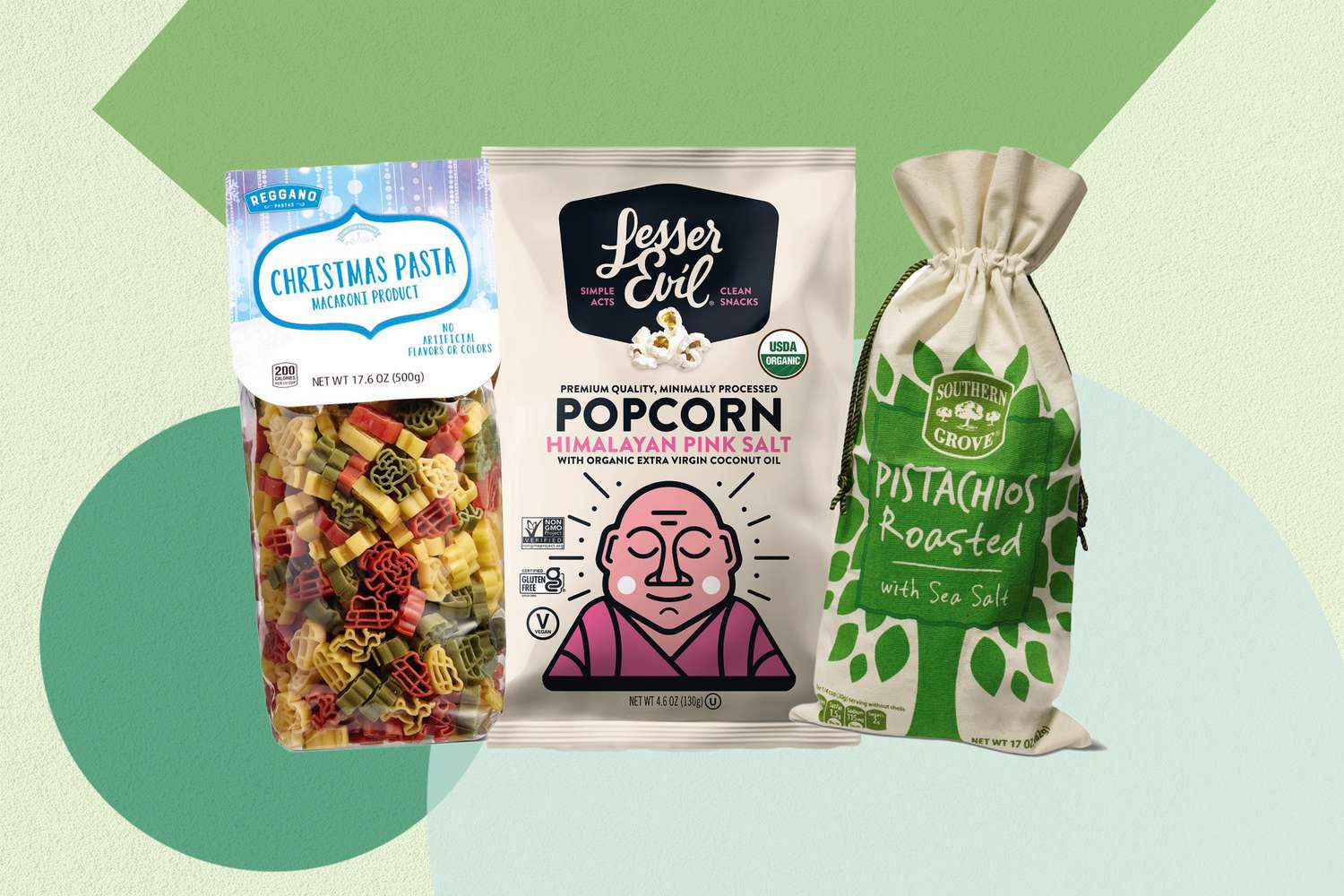 a collage of Aldi's incoming products including the Christmas pasta, Lesser Evil's Himalayan Pink Salt Popcorn, and Pistachios
