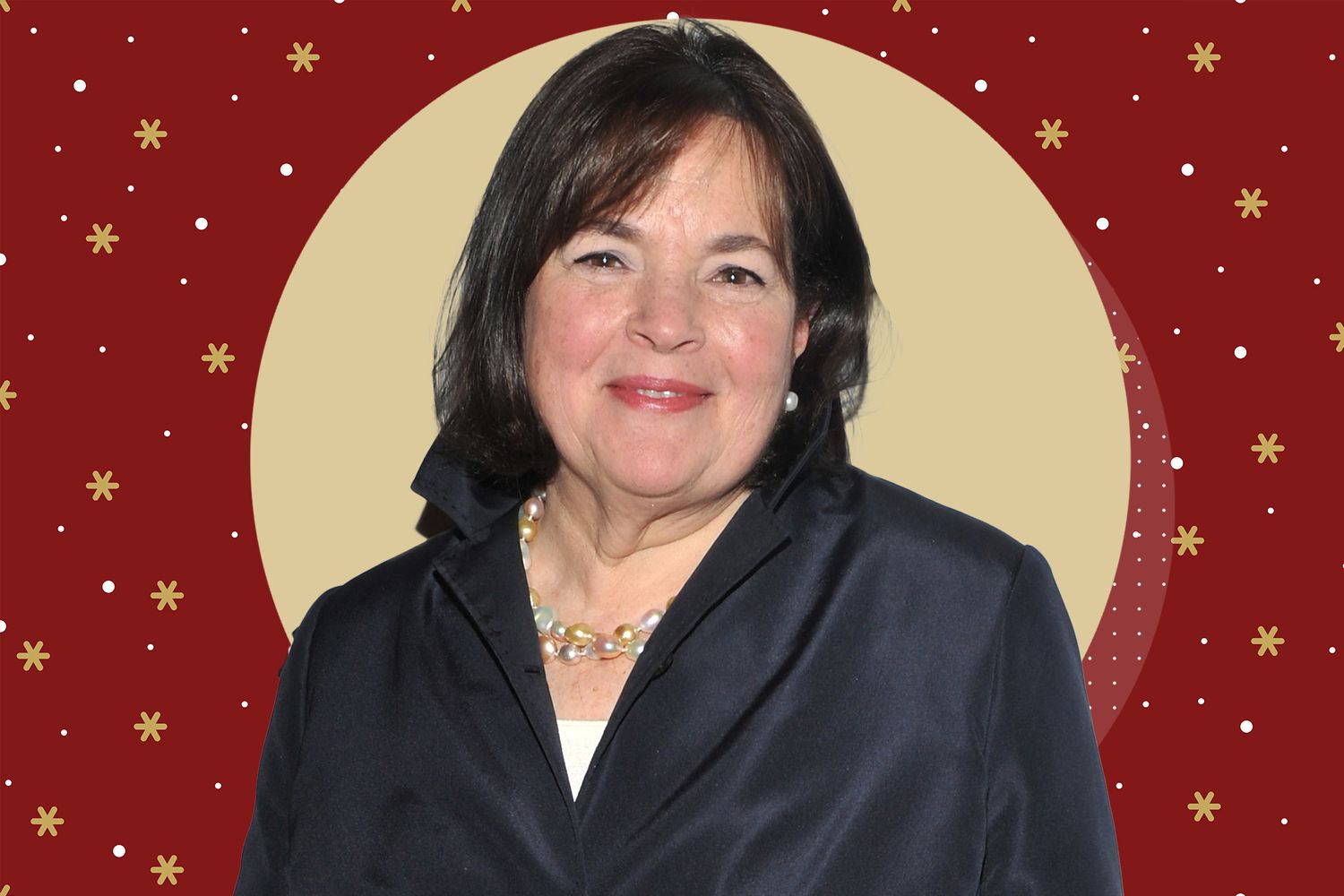 a photo of Ina Garten with a snowflake red background