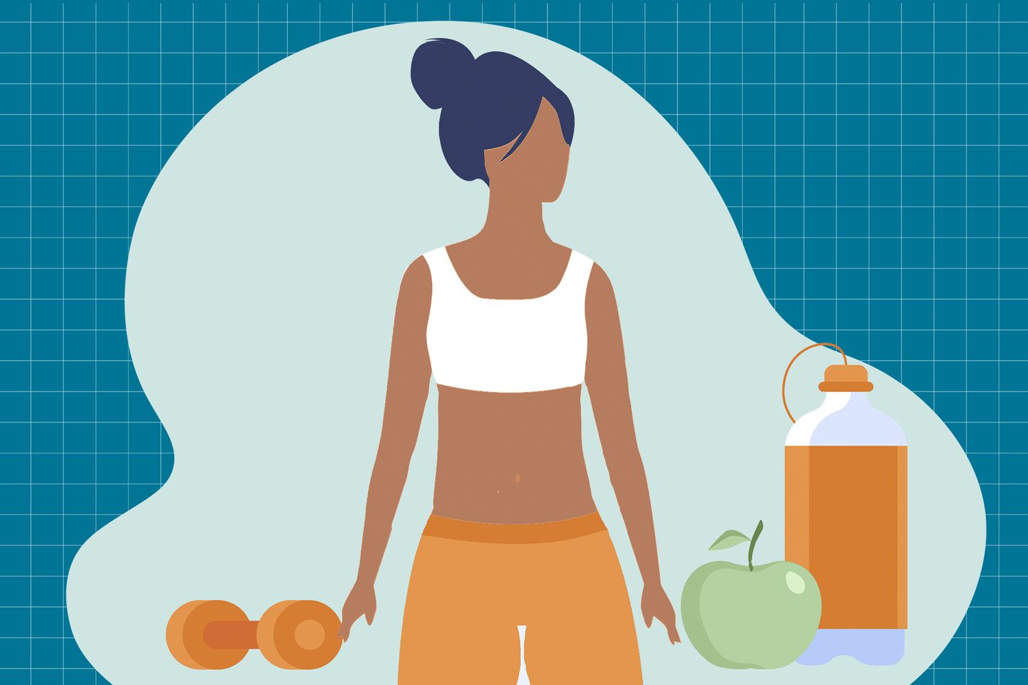 an illustration of a woman with weights, fruit, and water