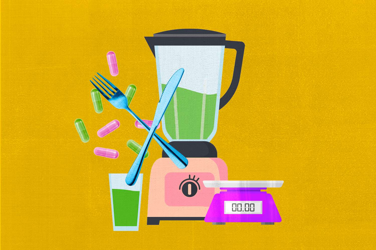 Illustration of blender and glass of green juice, food scale, pills and fork and knife crossing