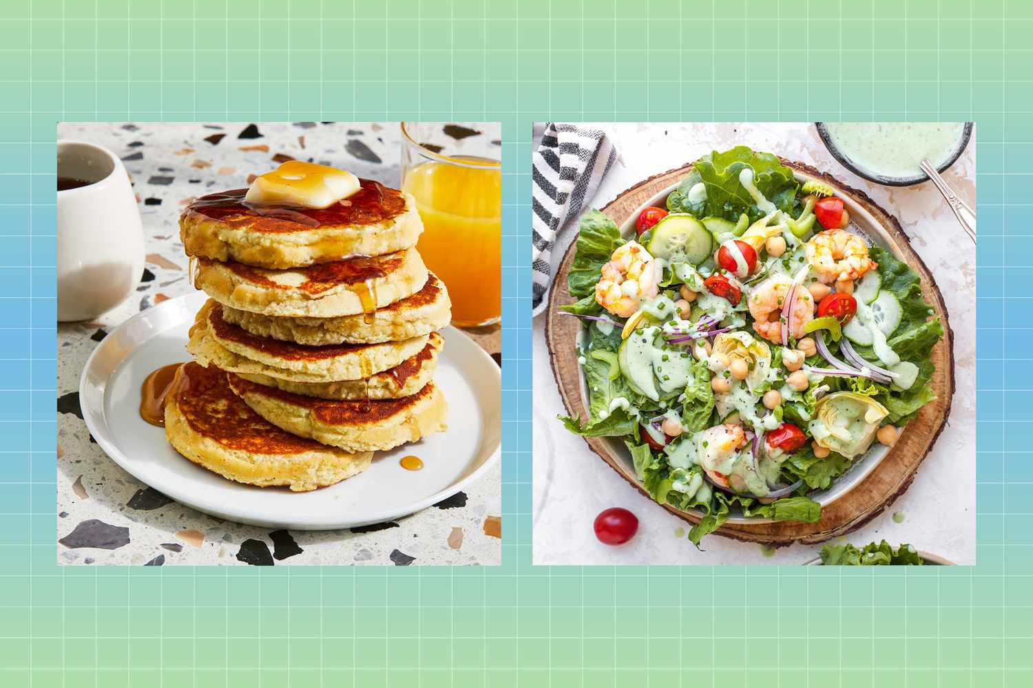 two EatingWell recipe photos beside each other of the Coconut Flour Pancakes and Green Goddess salad
