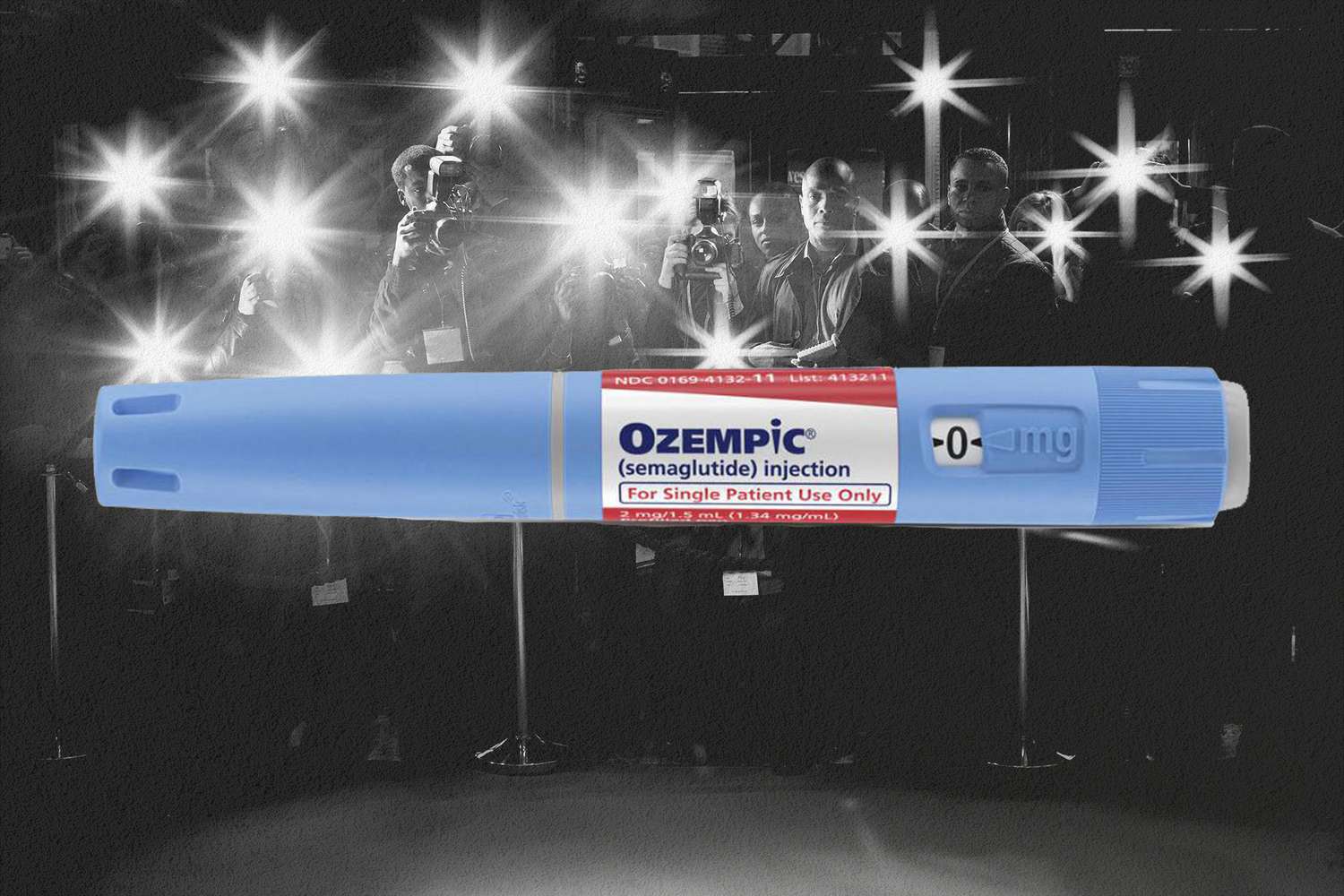 a collage of a pen of Ozempic overlaid on a photo of a red carpet and photographers flashes
