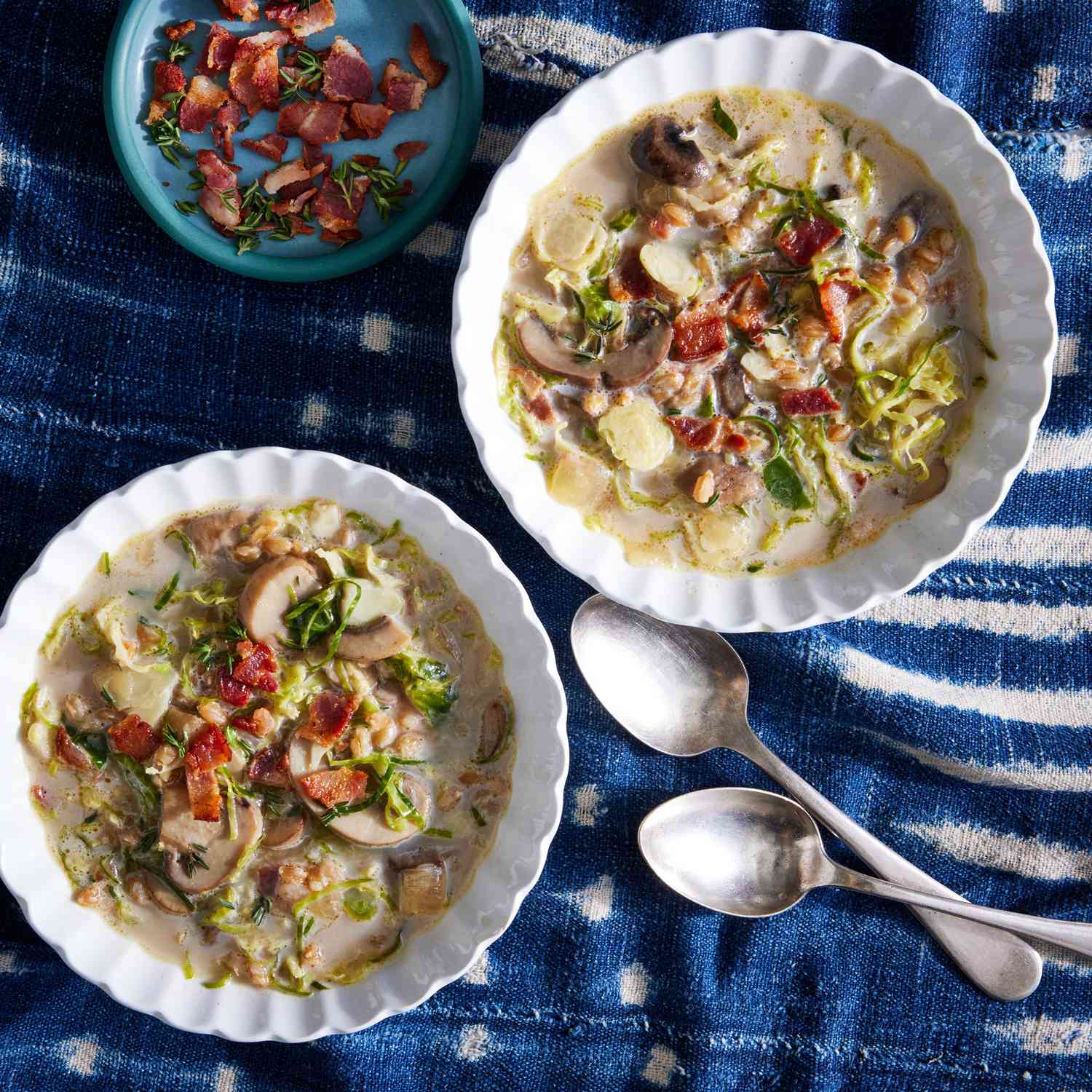 a recipe photo of the Brussels Sprout & Farro Soup with Bacon