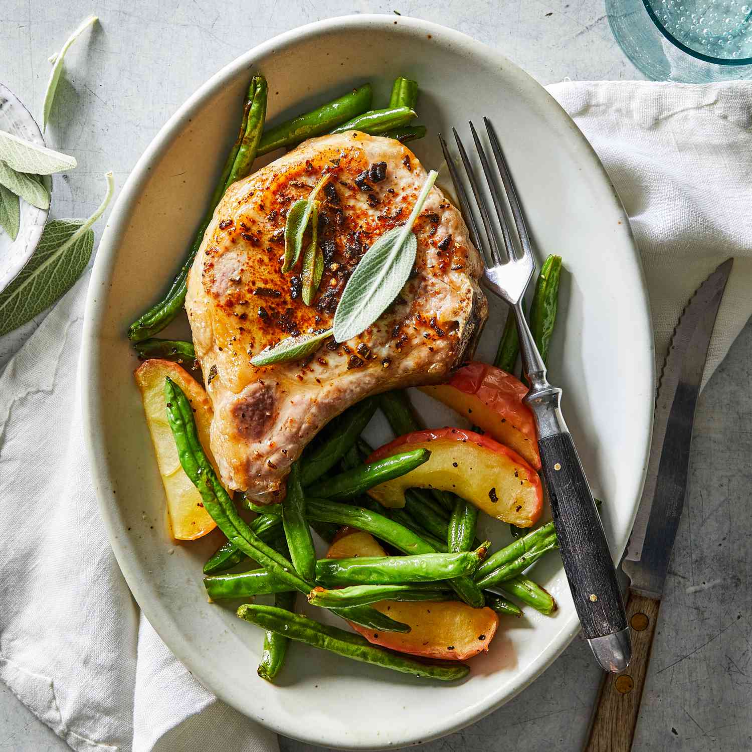 a recipe photo of the Air-Fryer Cider Pork Chops with Apples