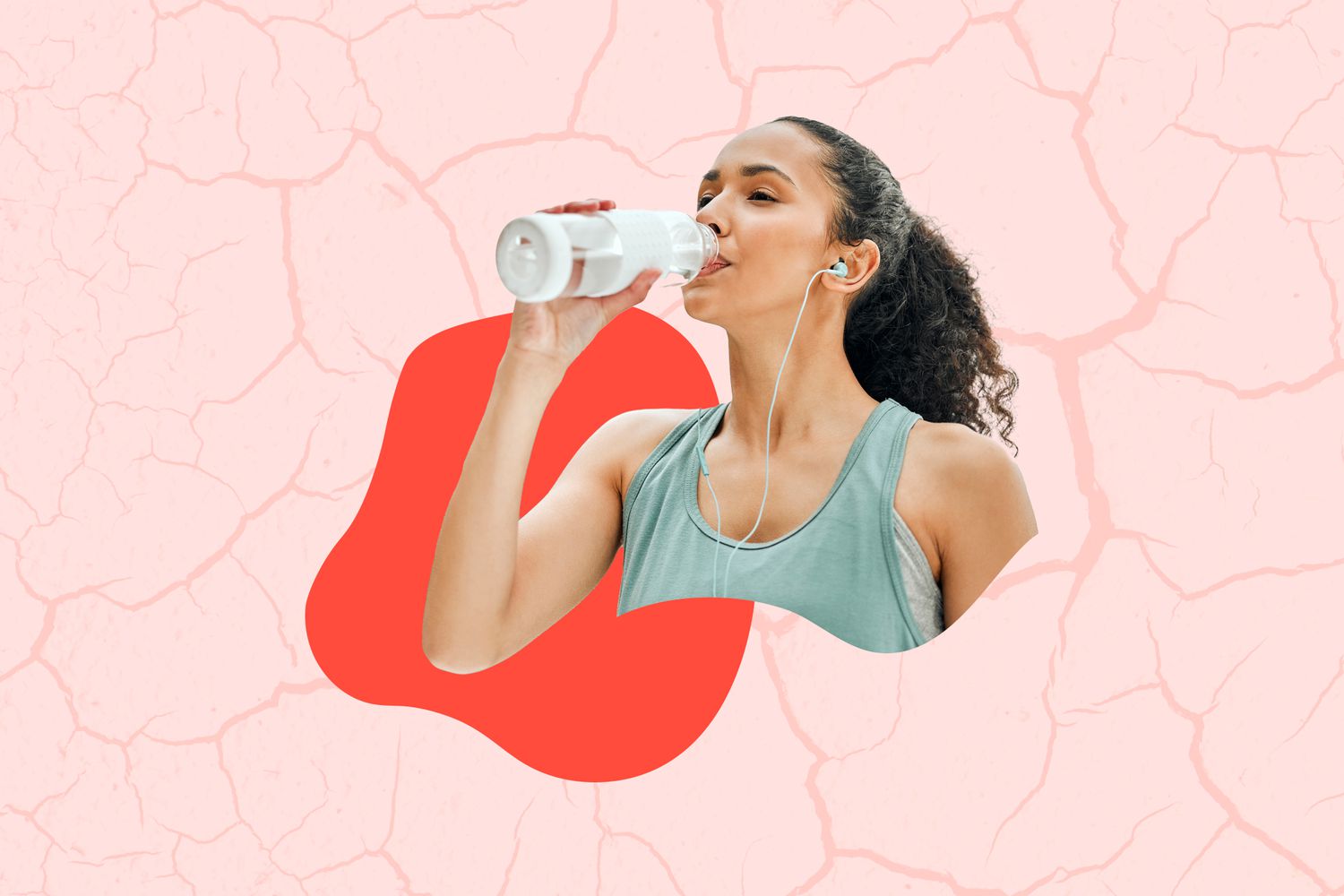 a collage featuring a photo of a woman drinking water with a background of a cracked surface
