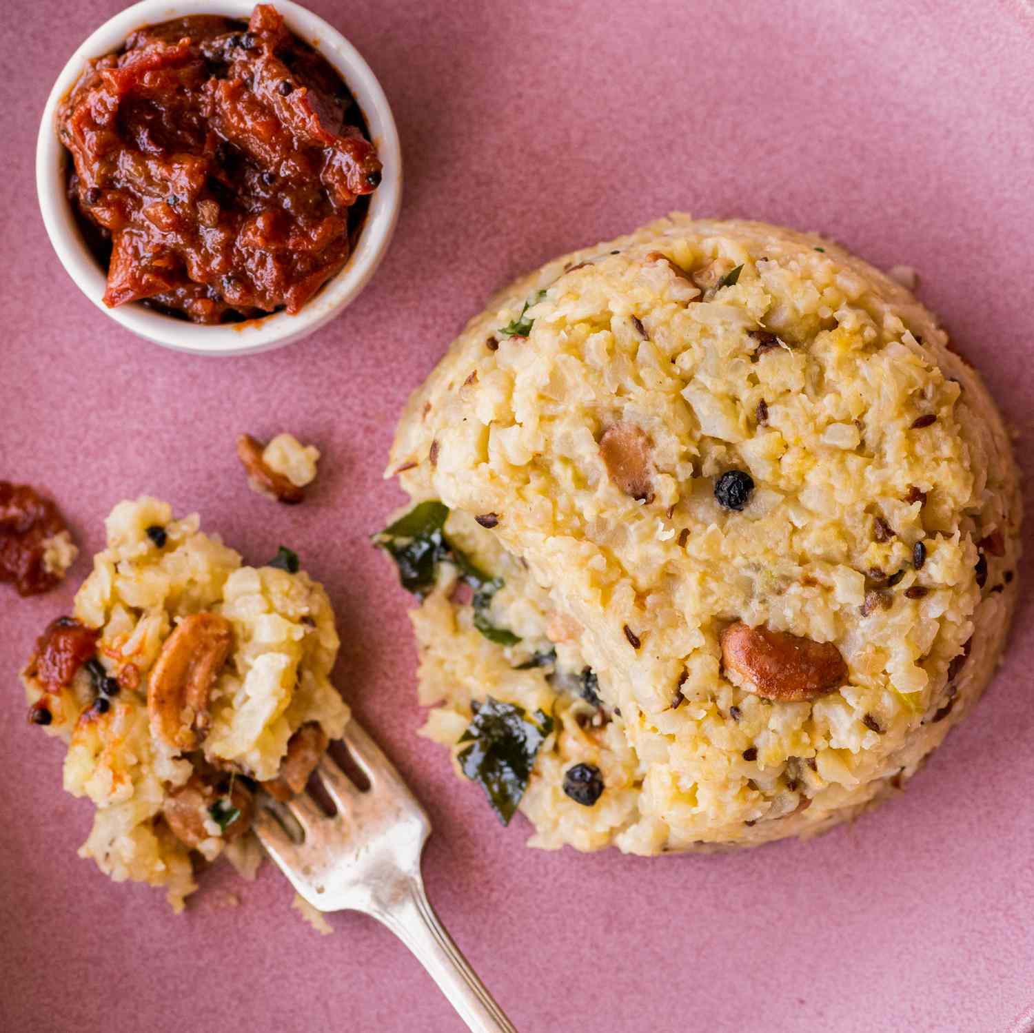 a recipe photo of the Cauliflower Ven Pongal with Tomato Chutney