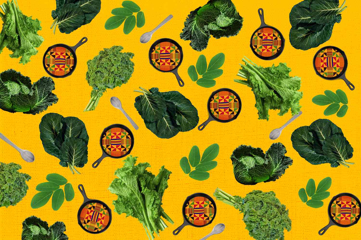 a collage of African Heritage diet greens and a pan with a pattern featured