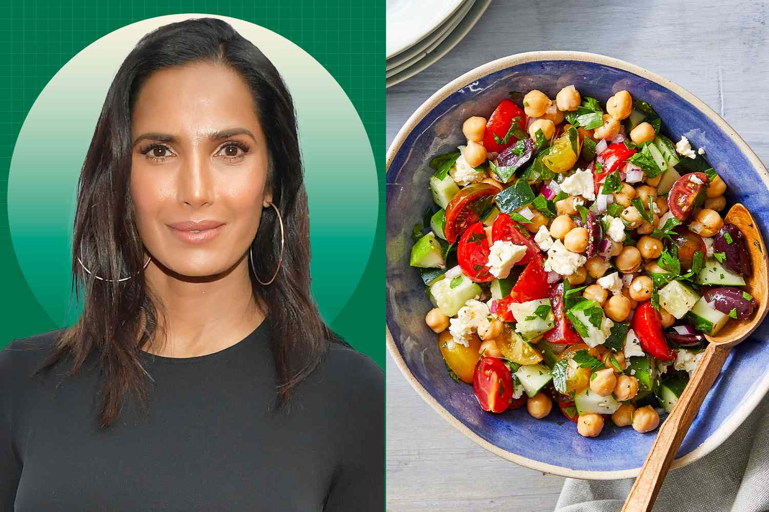 a photo of Padma Lakshmi alongside EatingWell's recipe photo of Chopped Salad with Chickpeas, Olives & Feta