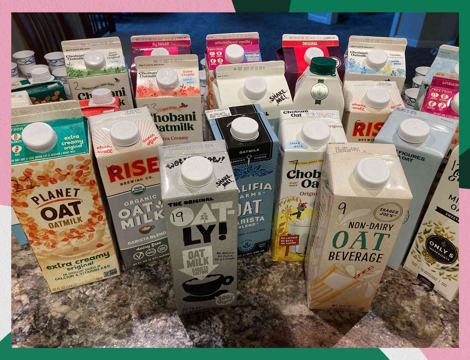 a photo of all the tested Oat Milks