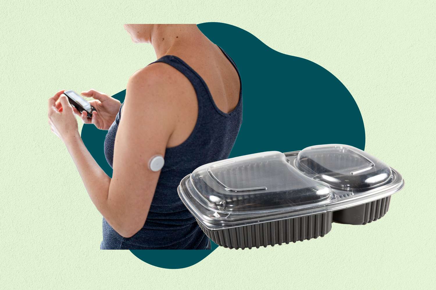 a collage of a woman checking her blood sugar and a plastic food container