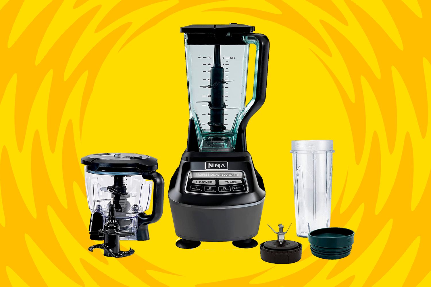 a photo of the Ninja Mega Kitchen System with the included 72 oz. Pitcher, 8-Cup Food Processor, and 16 oz. Single Serve Cup
