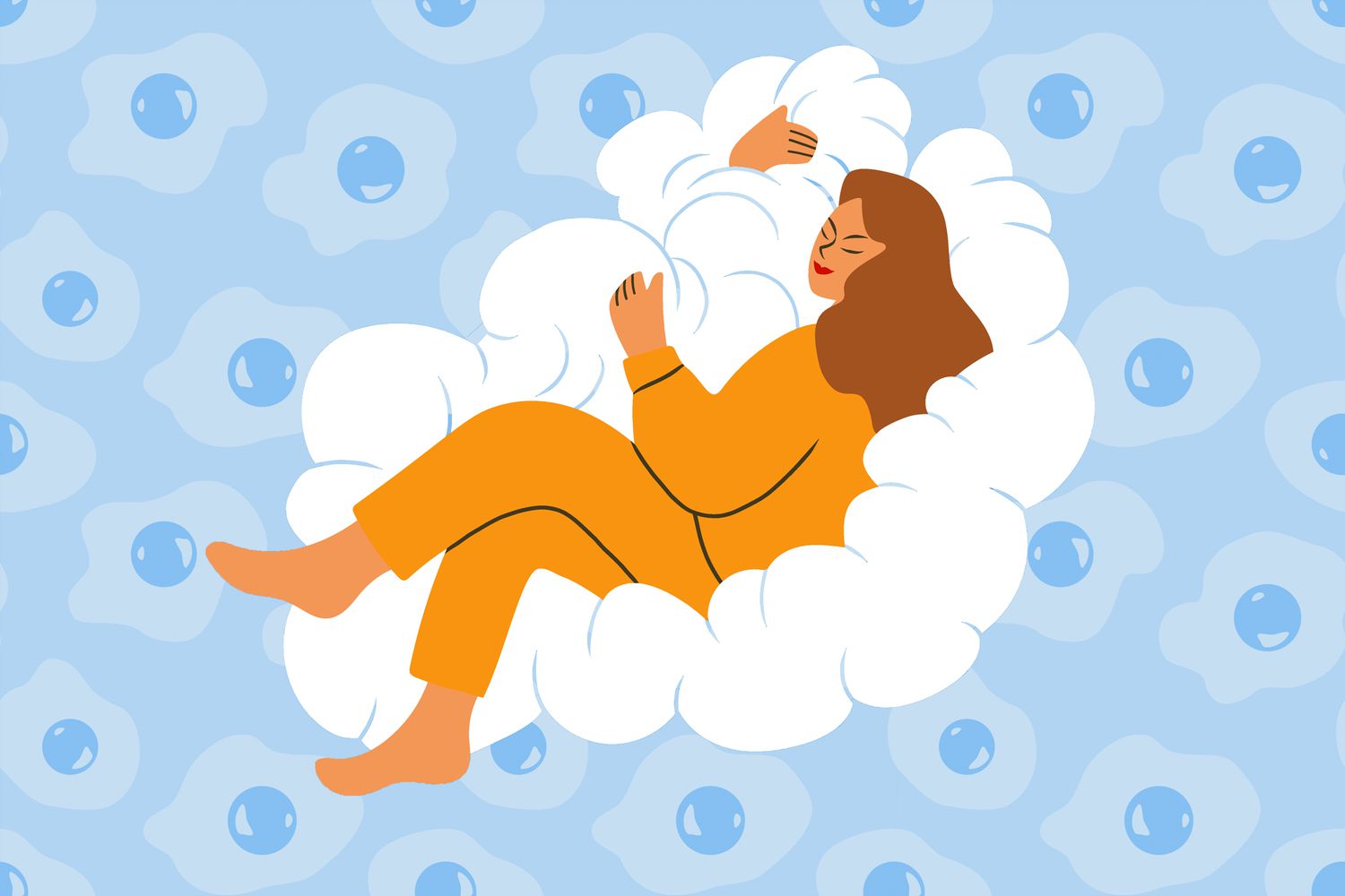 an illustration of a person in pajamas sleeping soundly on a cloud with eggs in the background