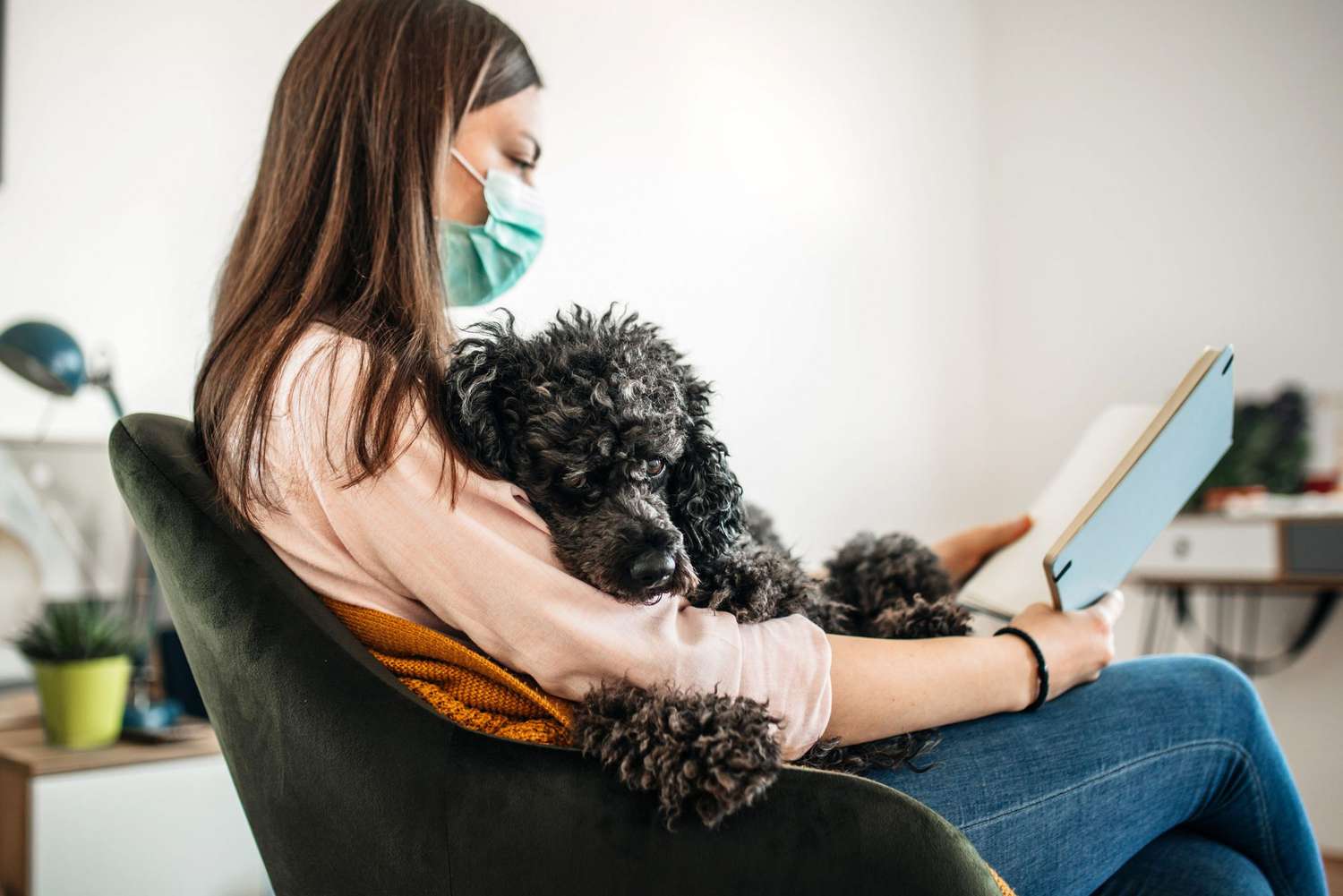 womn earing face mask with dog on her lap while reading a book