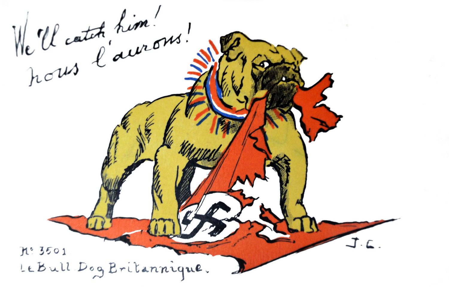 French postcard of bulldog tearing up Nazi flag