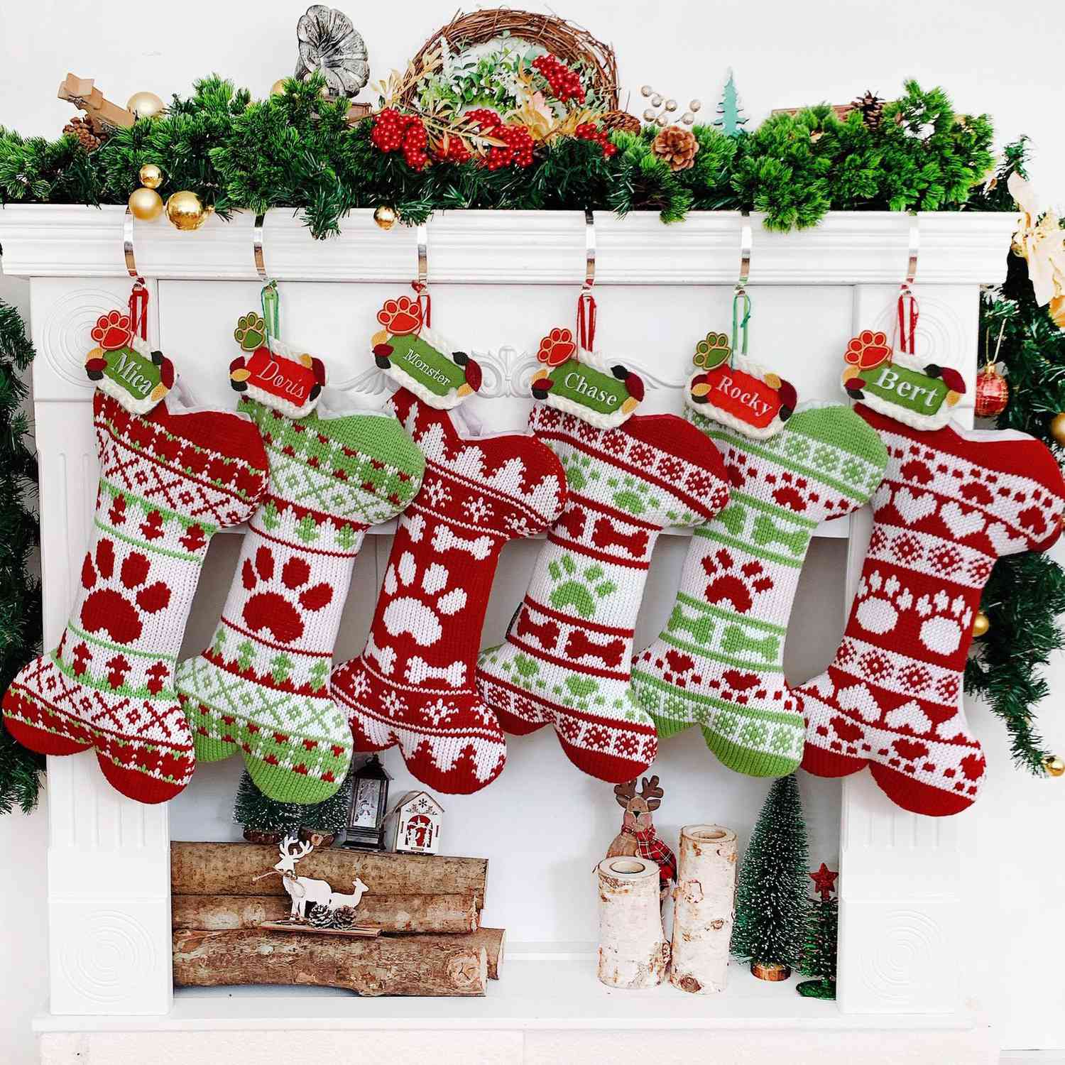 Color : Green Paw Stockings for Pet Dog Cat Plaid 18 Inch Xmas Stocking Fireplace Hanging Stockings Personalized Christmas Decoration USMEI 2 Pack Christmas Stockings
