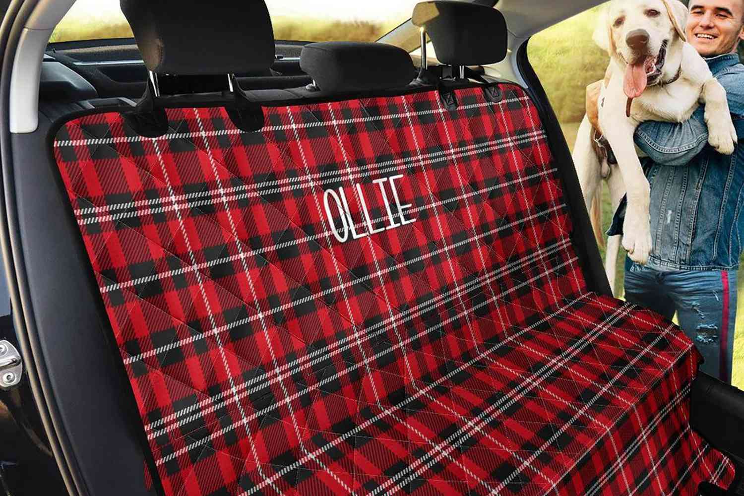 Plaid monogramed car seat cover covers back of car, ready for yellow lab