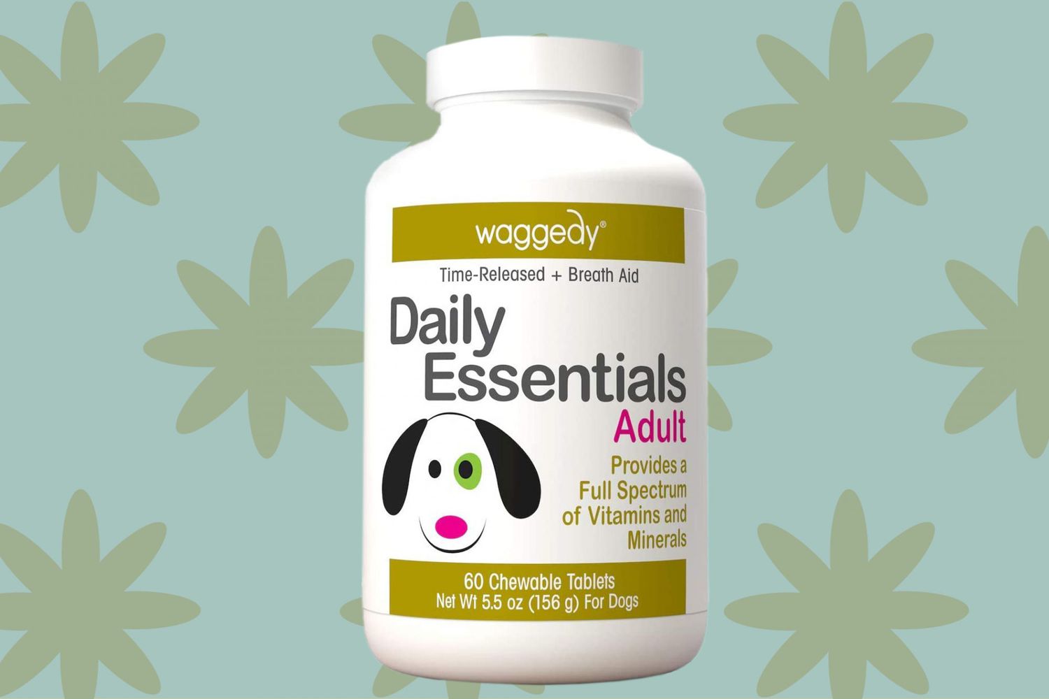Product photo of waggedy daily essentials tablets with illustrated background