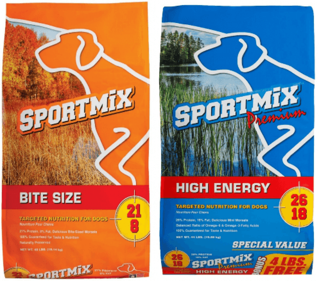 Sportmix Bite Size and Premium High Energy Dog Food labels